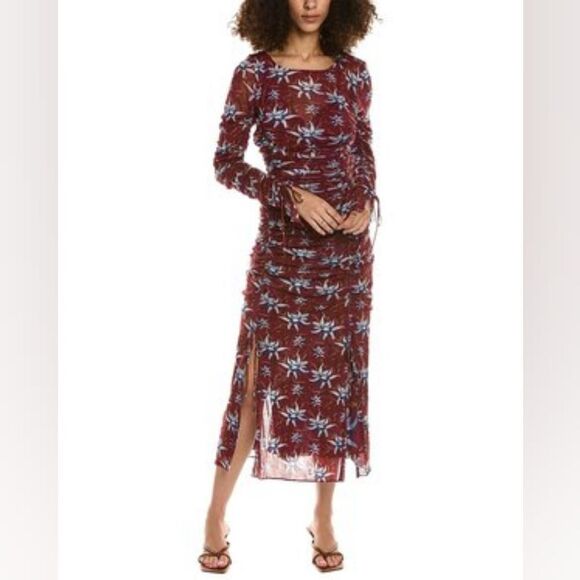 NWT Diane Von Furstenburg Corinne Ruched Mesh Midi Dressin Harlow Small Wine - Picture 2 of 14